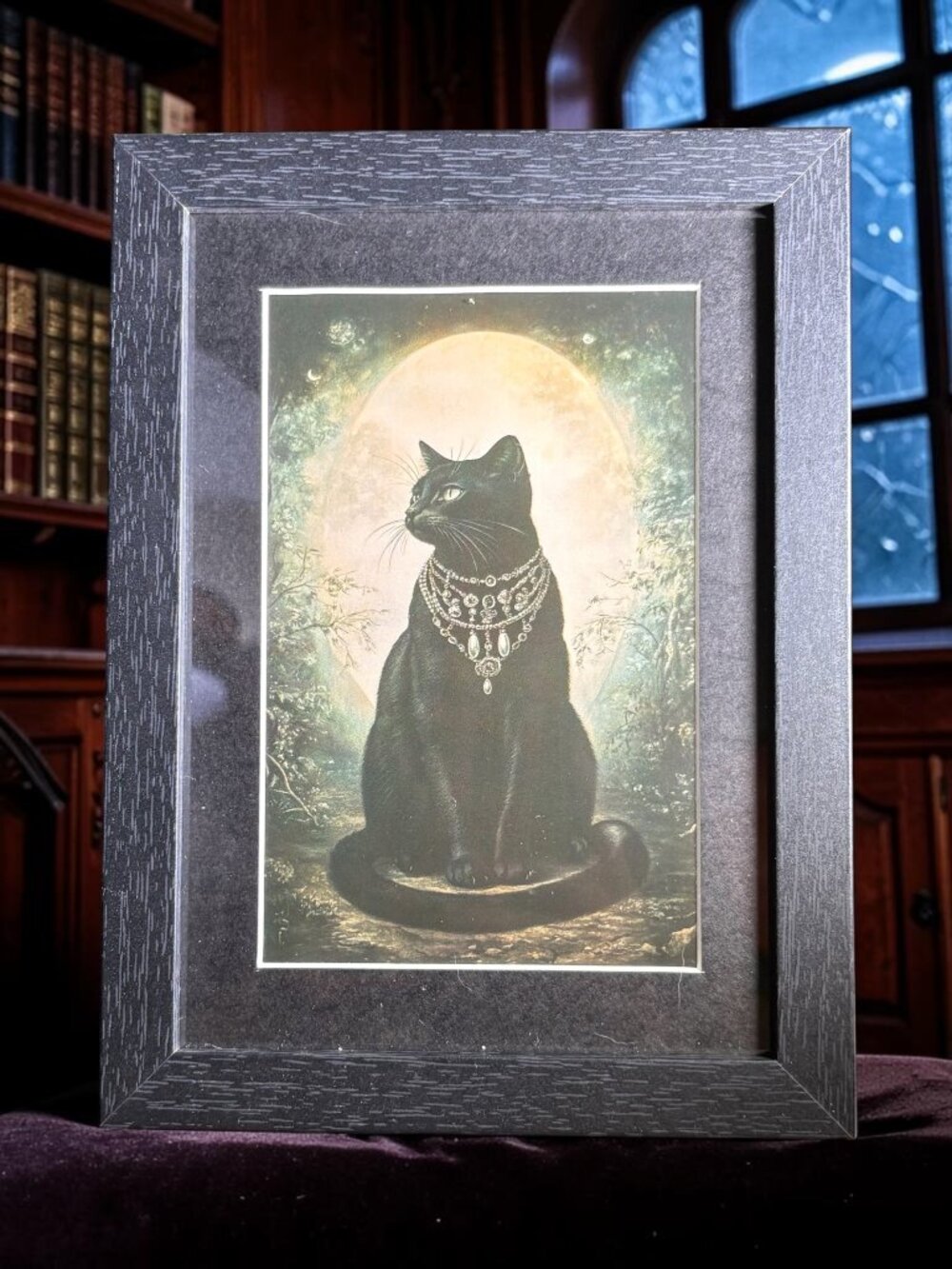 Jeweled Black Cat Moon Framed Art | 5x7 Witchy Décor